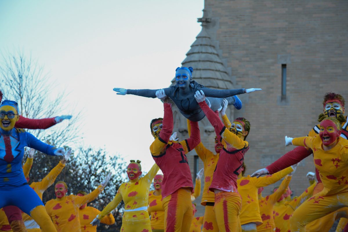 Members of the Yell Like Hell group "United Cy-Lines" perform onstage during the Yell Like Hell second cuts, Iowa State University, Ames, Iowa, Oct. 31, 2024.