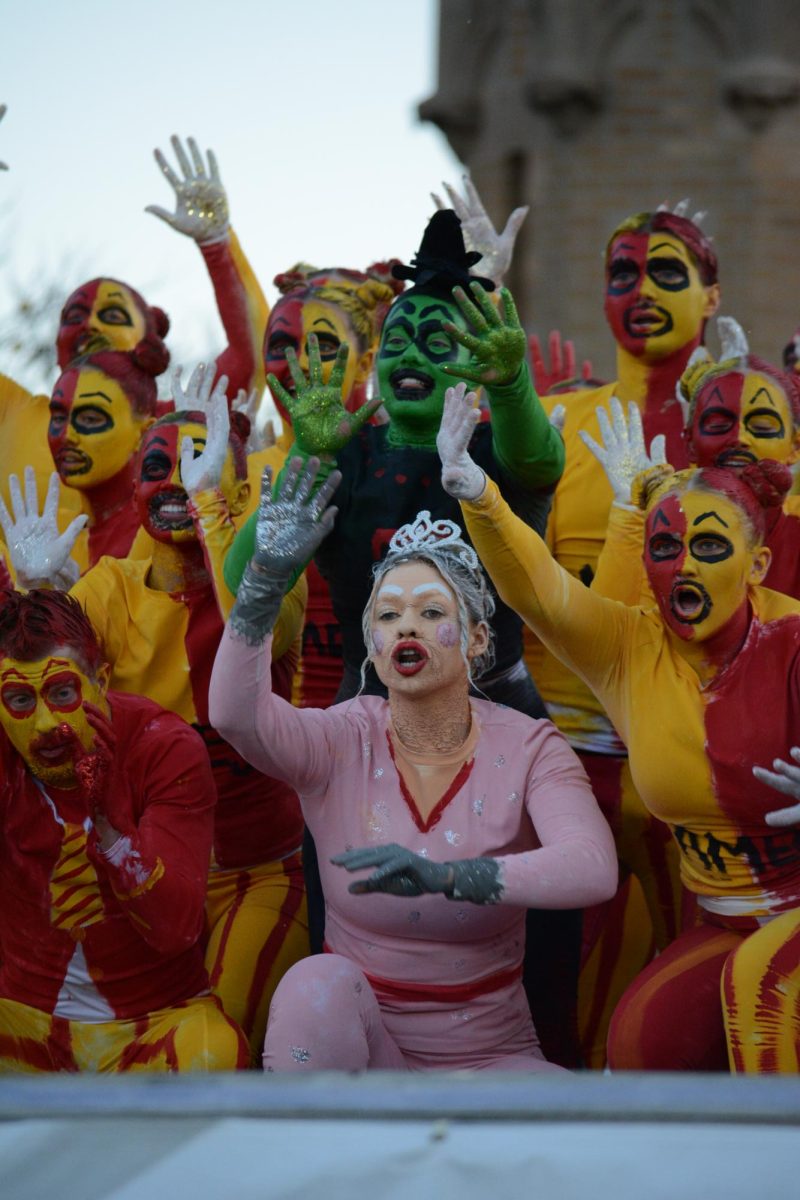 Members of the Yell Like Hell group "There's No Place Like Ames" perform onstage during the Yell Like Hell second cuts, Iowa State University, Ames, Iowa, Oct. 31, 2024.