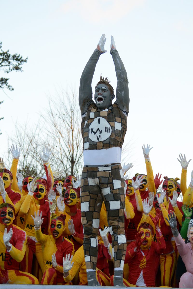 Members of the Yell Like Hell group "There's No Place Like Ames" perform onstage during the Yell Like Hell second cuts, Iowa State University, Ames, Iowa, Oct. 31, 2024.