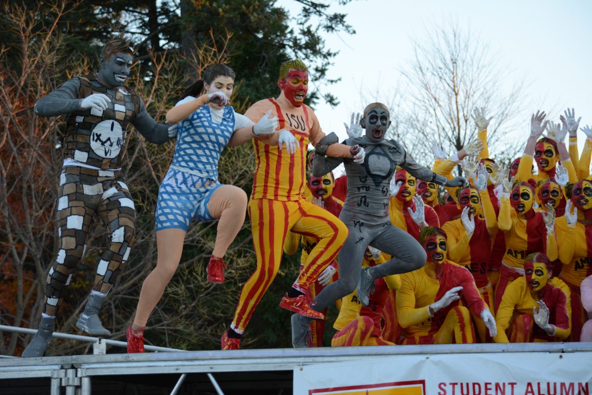 Members of the Yell Like Hell group "There's No Place Like Ames" perform onstage during the Yell Like Hell second cuts, Iowa State University, Ames, Iowa, Oct. 31, 2024.