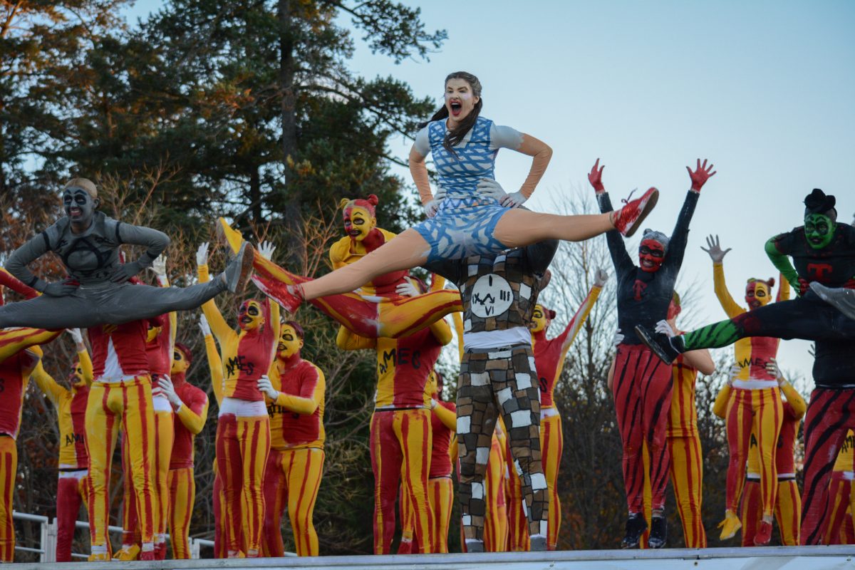 Members of the Yell Like Hell group "There's No Place Like Ames" perform onstage during the Yell Like Hell second cuts, Iowa State University, Ames, Iowa, Oct. 31, 2024.