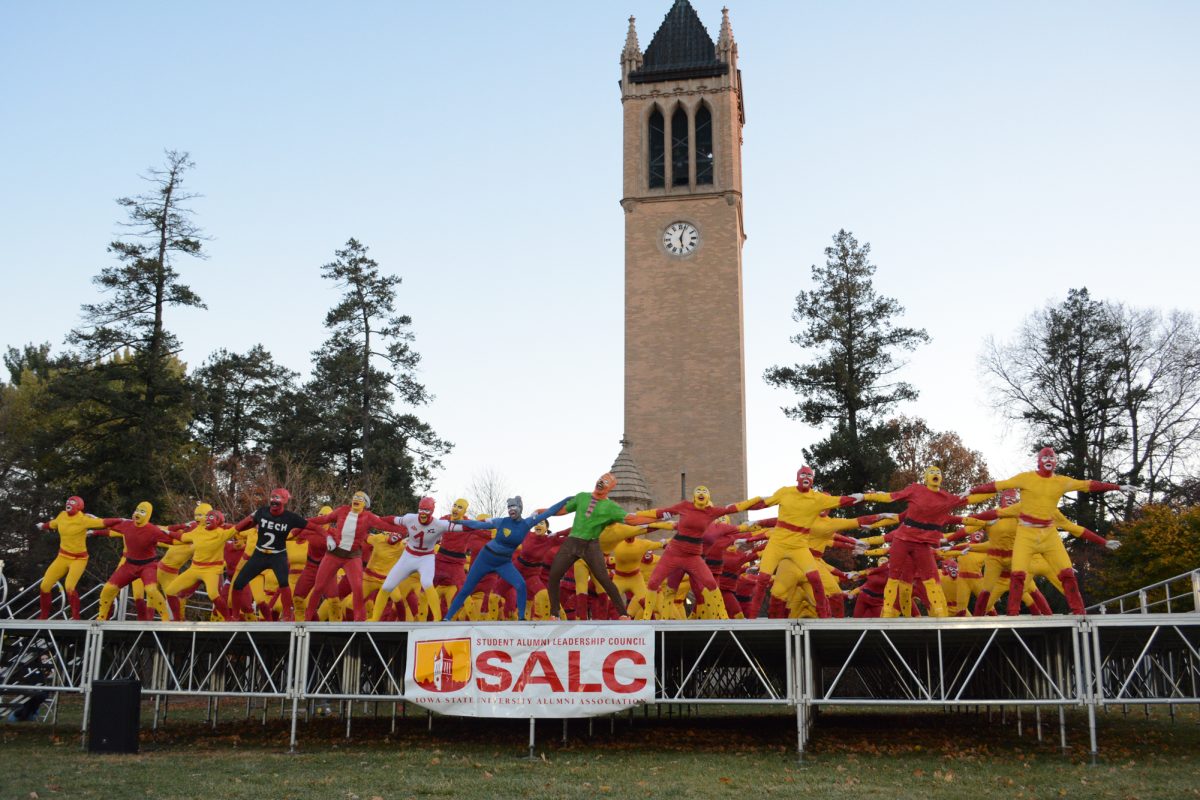 Members of the Yell Like Hell group "Cy-Topia" perform onstage during the Yell Like Hell second cuts, Iowa State University, Ames, Iowa, Oct. 31, 2024.