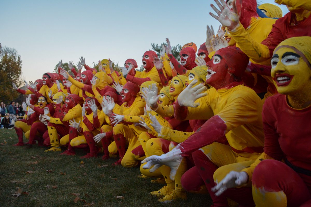 Members of the Yell Like Hell group "Cy-Topia" perform onstage during the Yell Like Hell second cuts, Iowa State University, Ames, Iowa, Oct. 31, 2024.