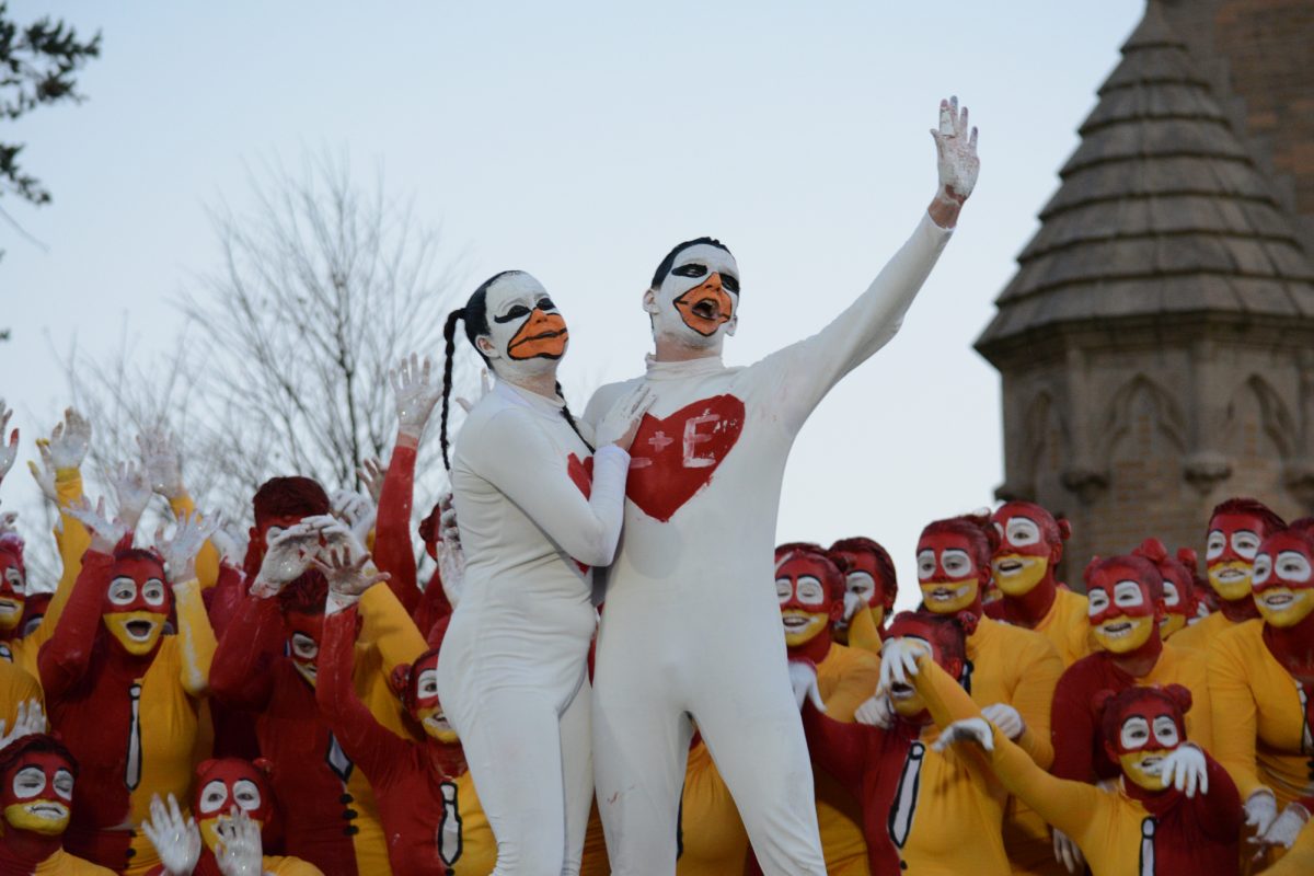 Members of the Yell Like Hell group "Game Show Cy-Work" perform onstage during the Yell Like Hell second cuts, Iowa State University, Ames, Iowa, Oct. 31, 2024.