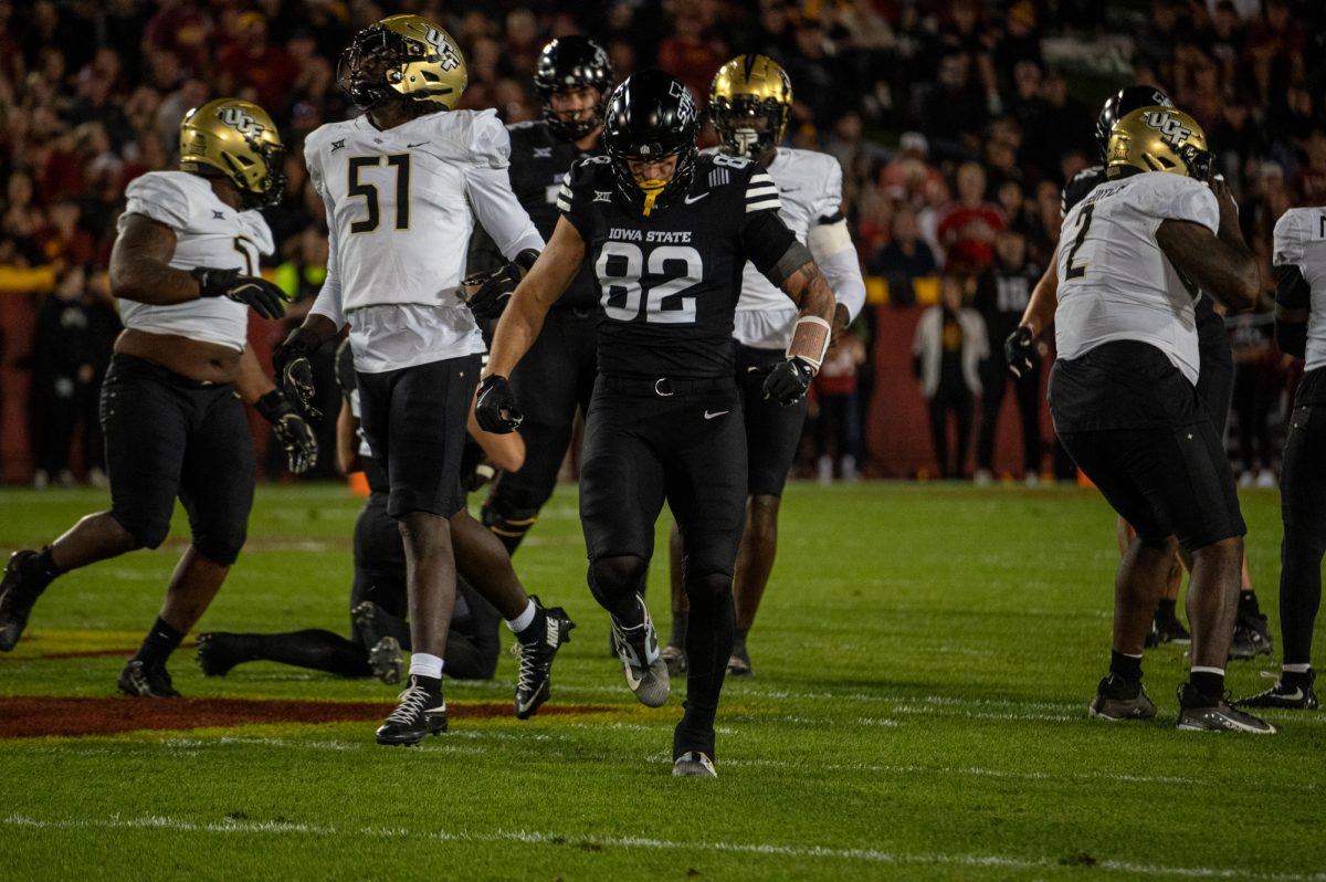 Iowa State player Taylor Moore (82) coming out of a play against the visiting University of Central Florida, Oct. 19, 2024.