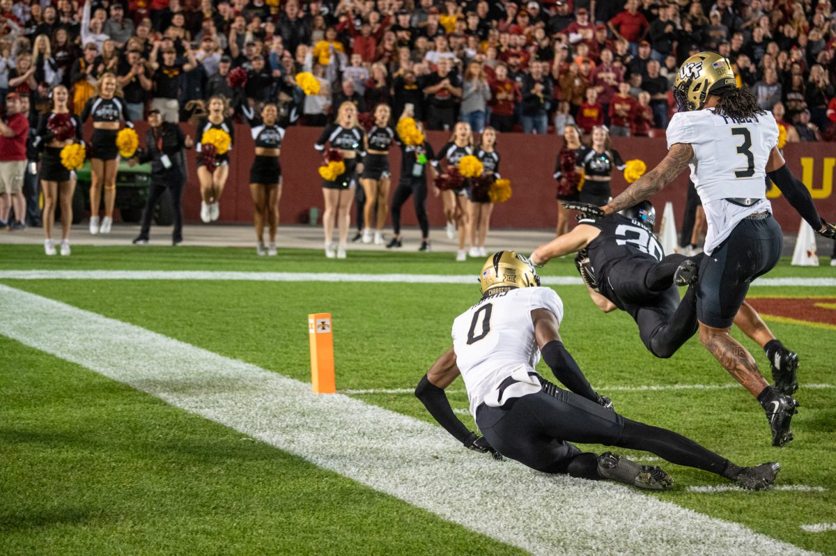 Iowa State player Carson Hansen (26) dives into the end zone during a home game at Jack Trice Stadium against the University of Central Florida to score the first touchdown for the home team, Oct. 19, 2024.