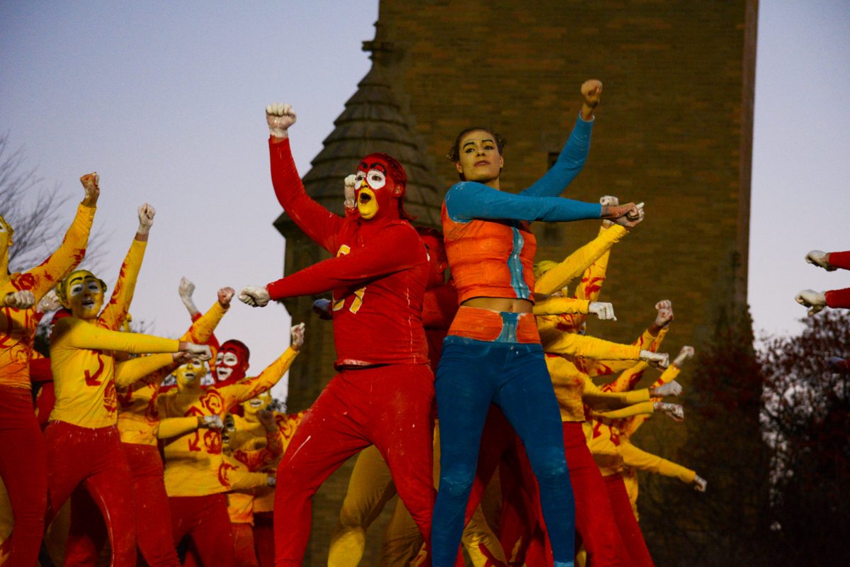 Members of the Yell Like Hell group "Cy Goes Back To the Future" perform onstage during the Yell Like Hell second cuts, Iowa State University, Ames, Iowa, Oct. 31, 2024.