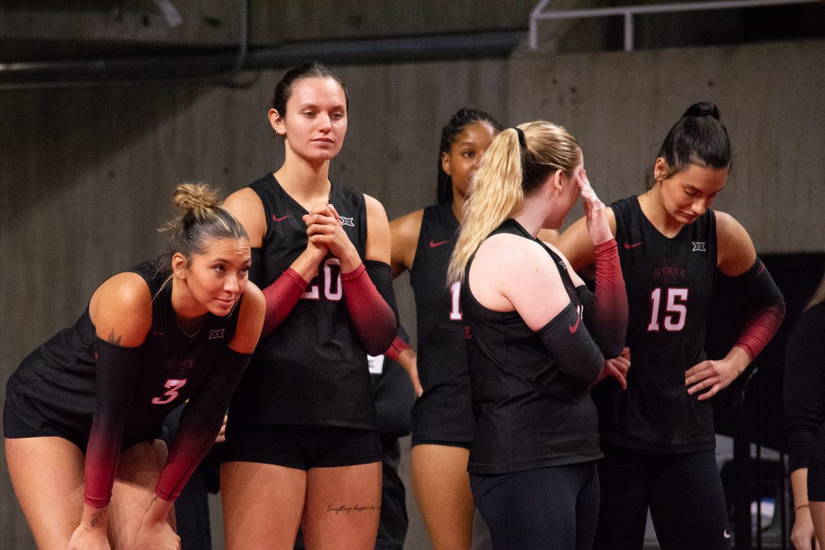 The team anxiously watches from the sideline during the game vs. Kansas State University, Hilton Colosseum, Ames, Iowa, Oct. 27, 2024.