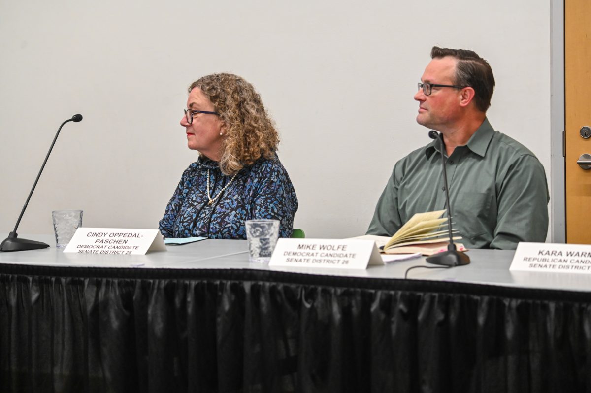 Iowa State Senate Democratic candidates Cindy Oppedal-Paschen for District 26 and Mike Wolfe for district 26 meet for a forum at Ames Public Library, Oct. 8, 2024.