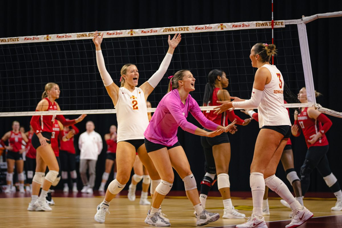 Iowa State volleyball team celebrates during the Iowa State University vs. Texas Tech University volleyball game at Hilton Coliseum on Oct. 18, 2024.