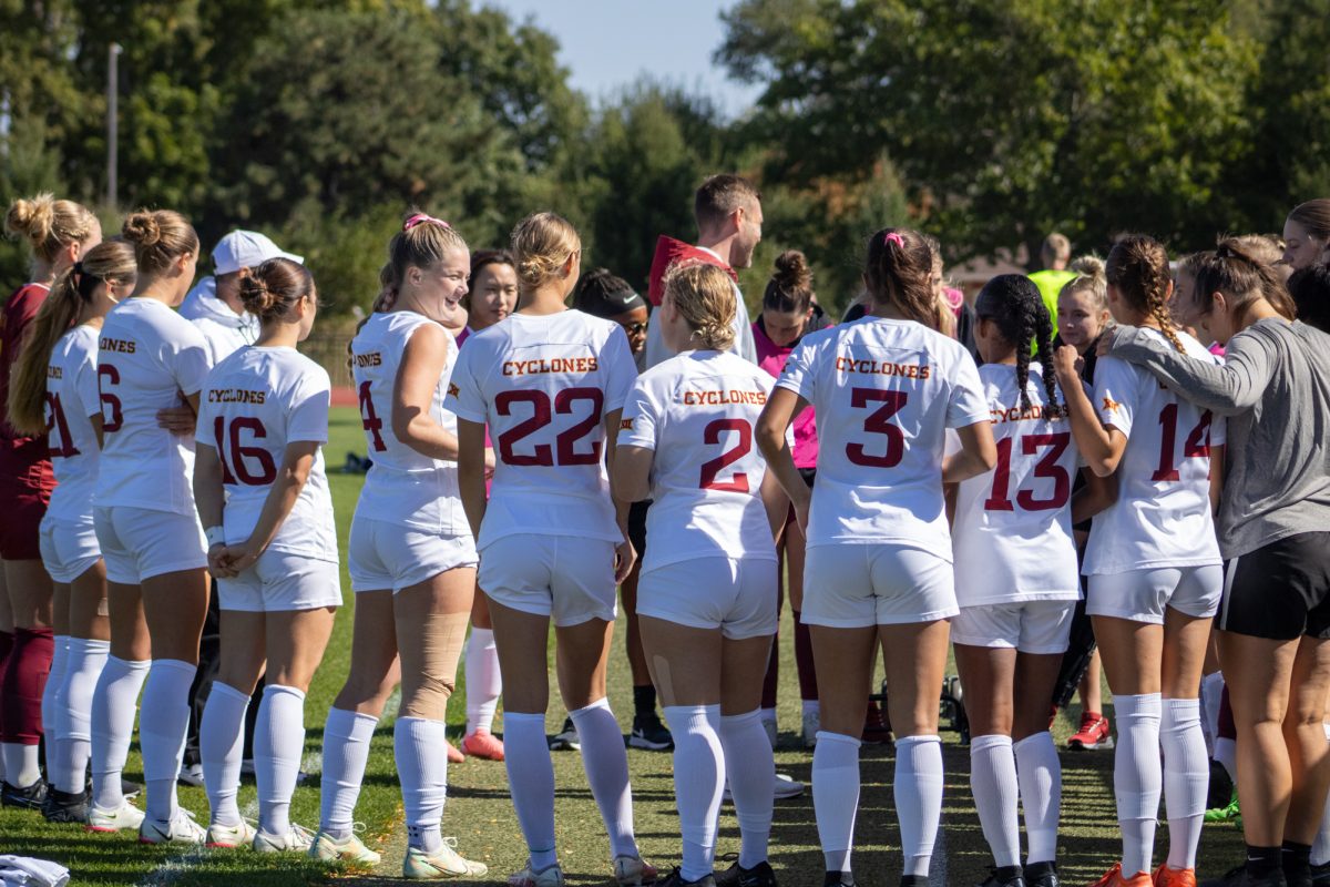 Iowa State's women's soccer team gathered around before game begins versus K-State at Cyclone Sports Complex, Oct. 6, 2024. 