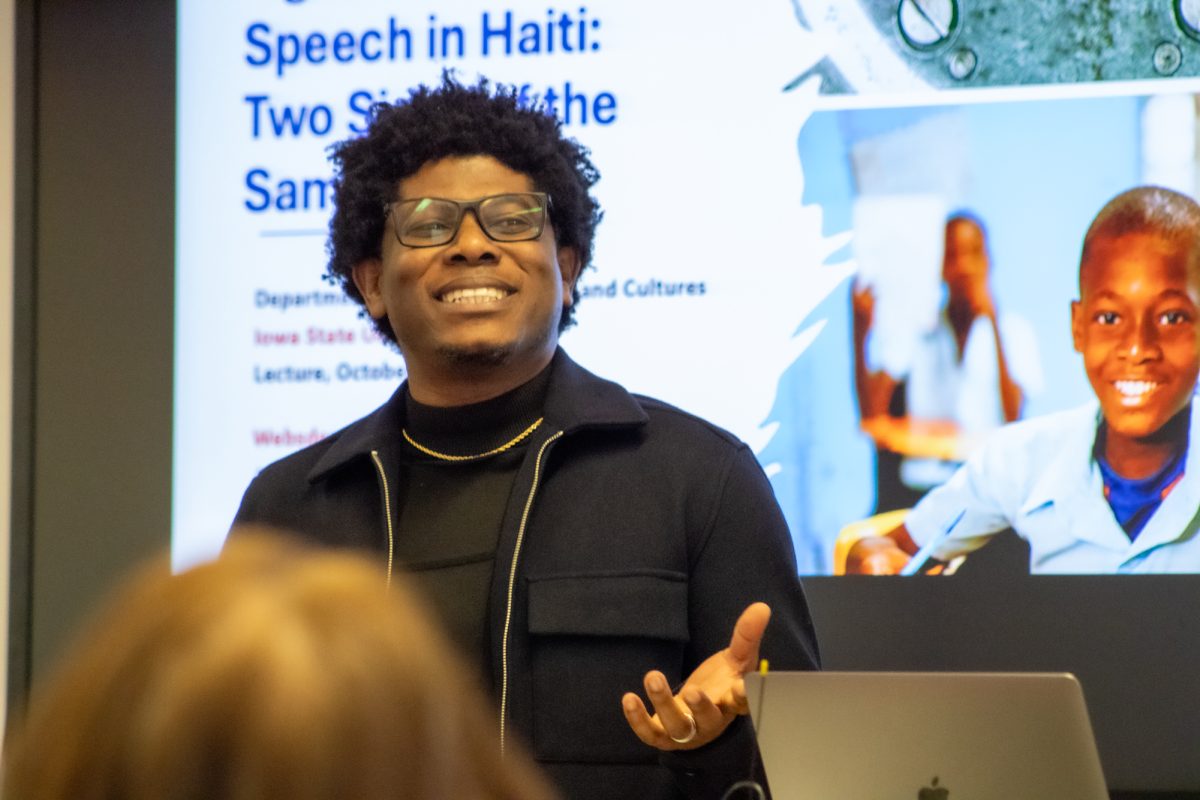 Websder Corneille starting off with his background living in Haiti during the Language Inequality and Fight for Free Speech in Haiti lecture at Pearson Hall, Oct. 17, 2024.