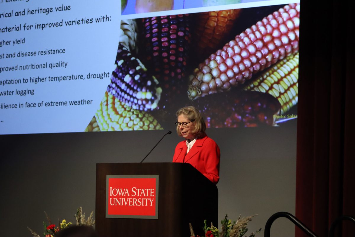 Wendy Wintersteen speaks during the 2024 Norman Borlaug Lecture: So Our Children Can Eat: Conserving and Protecting Crop Biodiversity, Great Hall, Memorial Union, Oct. 28, 2024.