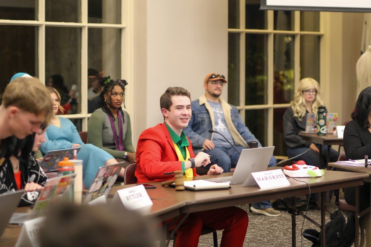 Quinn Margaret Student Body Vice President asking for any questions on a bill being passed during Student Government at the Memorial Union, Oct. 30, 2024. 