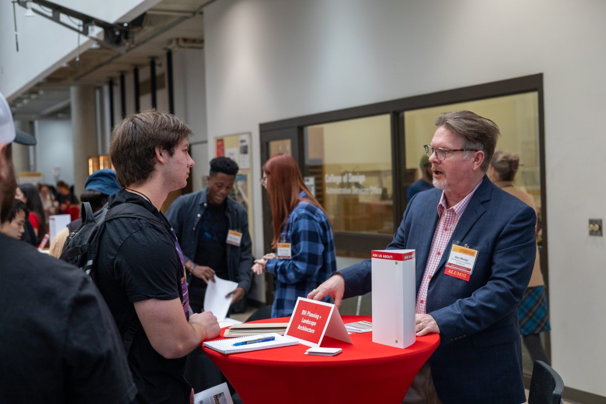 Ari Prohofsky (Left), a Junior in Architecture, talks with Alan Mackey (Right) about what RVI Planning + Landscape has to offer. October 3rd, 2024