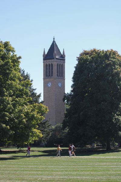 Iowa State students walking near the campanile on Oct. 7th, 2024.