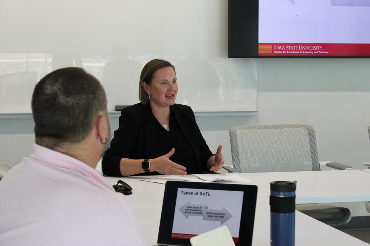 Sara Marcketti speaking at the Scholarships of Teaching and Learning session in the Student Innovation Center. Oct. 8th, 2024.