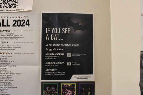 An "If You See a Bat" poster in Helser Hall in the first floor of Carpenter. Oct. 11, 2024.