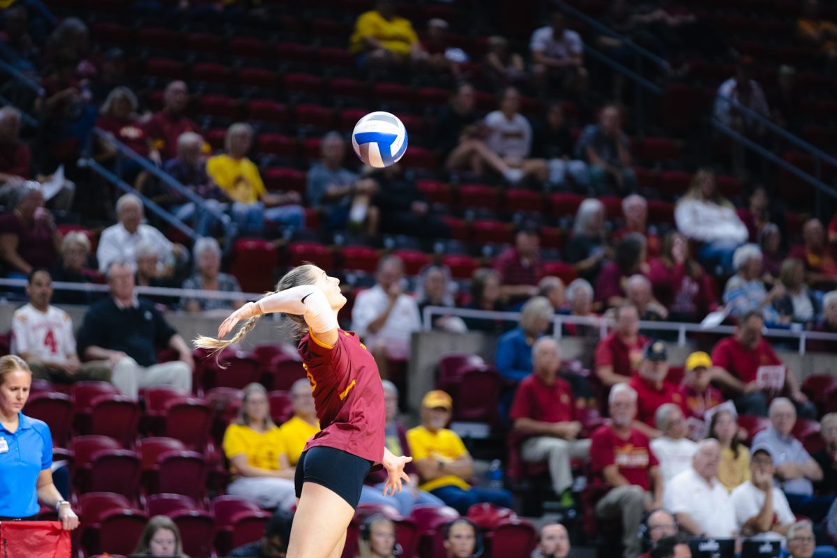 Brooke Stonestreet (8) serves the ball during the Iowa State vs Cincinnati volleyball game at Hilton Coliseum on Oct. 2, 2024.