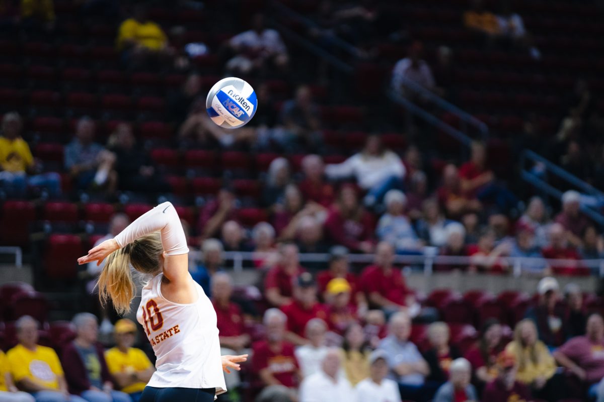 Rachel Van Gorp (10) serves the ball during the Iowa State vs Cincinnati volleyball game at Hilton Coliseum on Oct. 2, 2024.