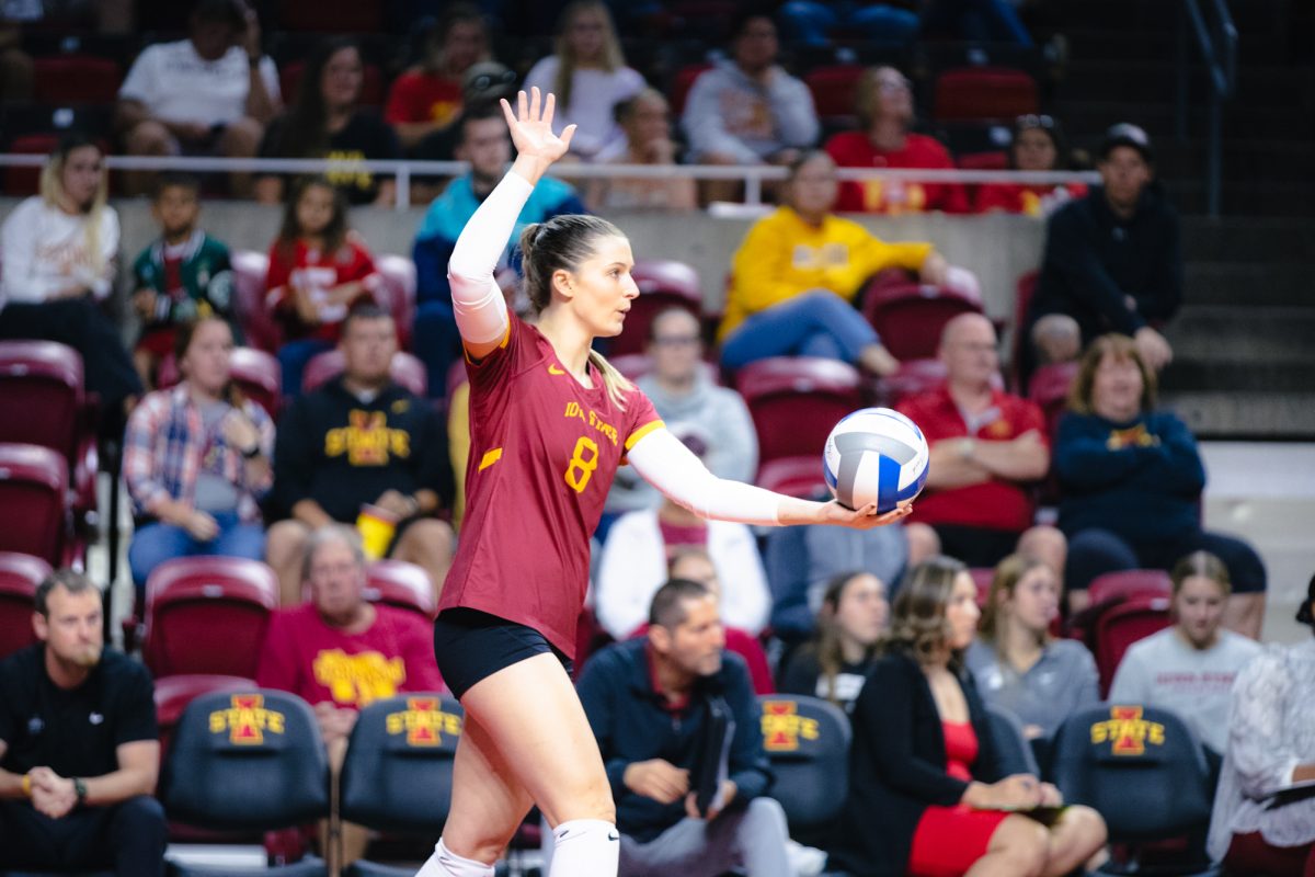 Brooke Stonestreet (8) serves ball during the Iowa State vs Cincinnati volleyball game at Hilton Coliseum on Oct. 2, 2024.