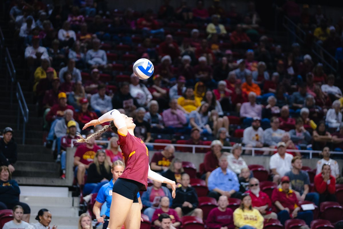 Brooke Stonestreet (8) serves ball during the Iowa State vs Cincinnati volleyball game at Hilton Coliseum on Oct. 2, 2024.