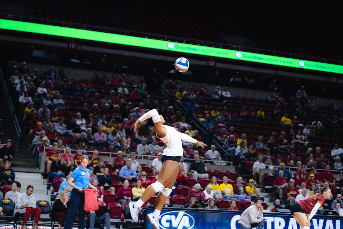 Maya Duckworth (5) serves ball during the Iowa State vs Cincinnati volleyball game at Hilton Coliseum on Oct. 2, 2024.