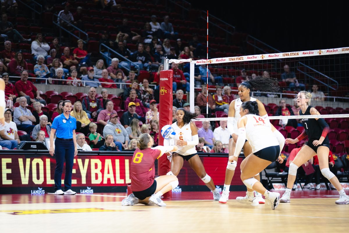 Brooke Stonestreet (8) digs the ball during the Iowa State vs Cincinnati volleyball game at Hilton Coliseum on Oct. 2, 2024.