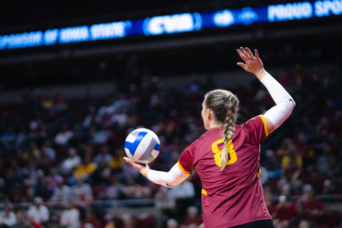 Brooke Stonestreet (8) serves the ball during the Iowa State vs Cincinnati volleyball game at Hilton Coliseum on Oct. 2, 2024.