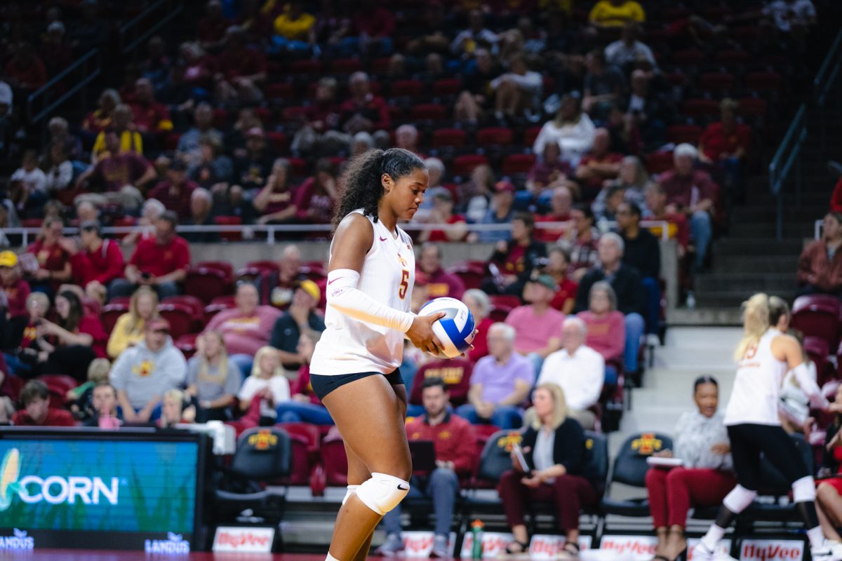 Maya Duckworth (5) goes up to serve during the Iowa State vs Cincinnati volleyball game at Hilton Coliseum on Oct. 2, 2024.