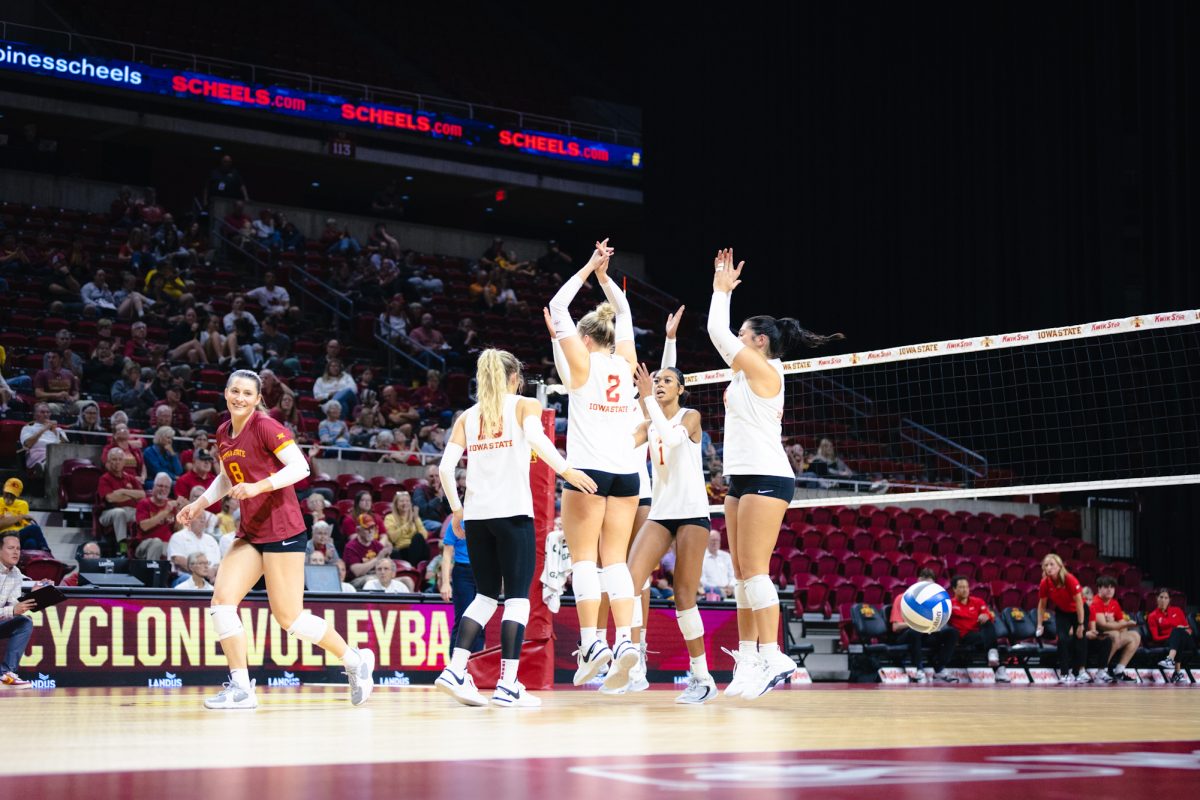 The Iowa State volleyball team celebrates an ace serve during the Iowa State vs Cincinnati volleyball game at Hilton Coliseum on Oct. 2, 2024.