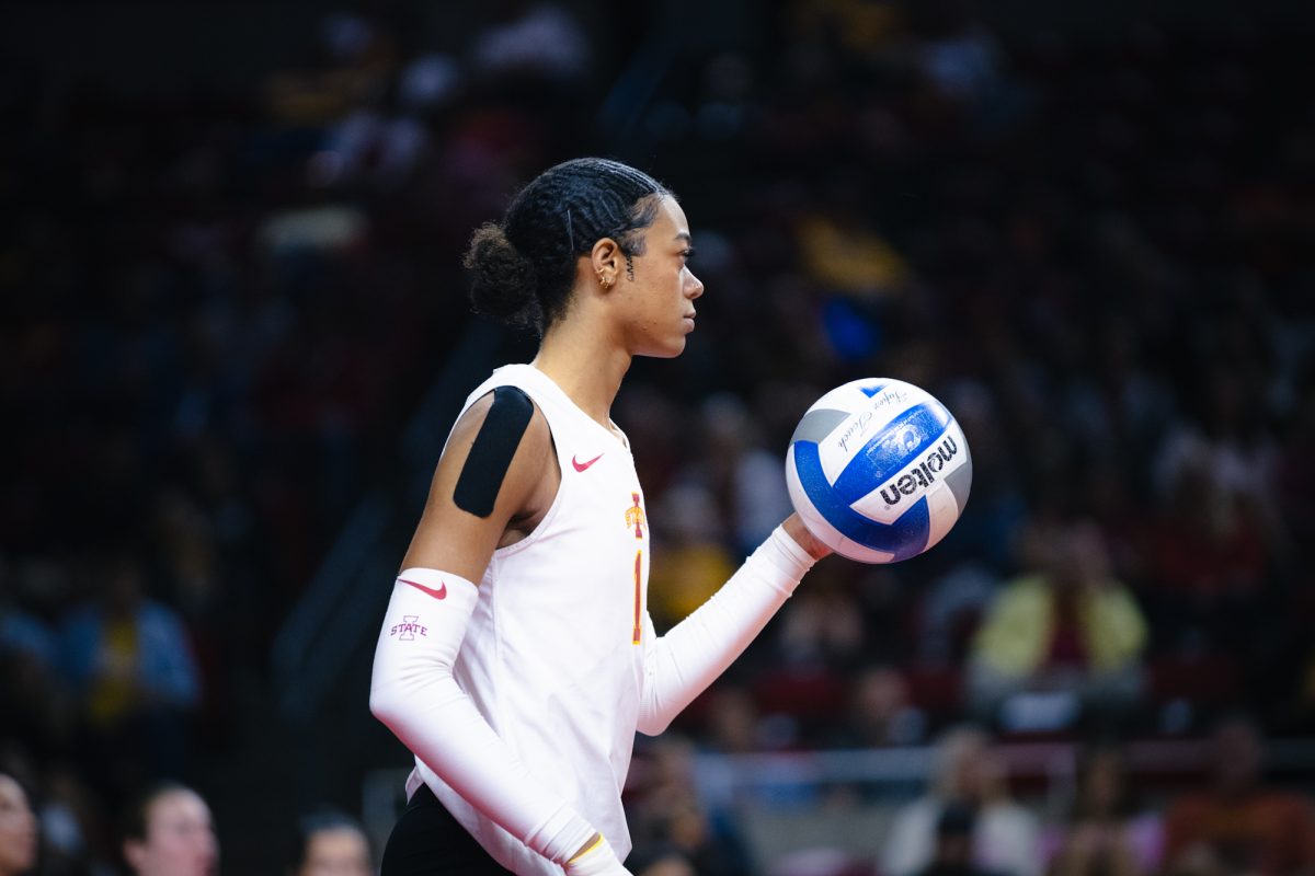 Pam McCune (1) goes up to serve the ball during the Iowa State vs Cincinnati volleyball game at Hilton Coliseum on Oct. 2, 2024.