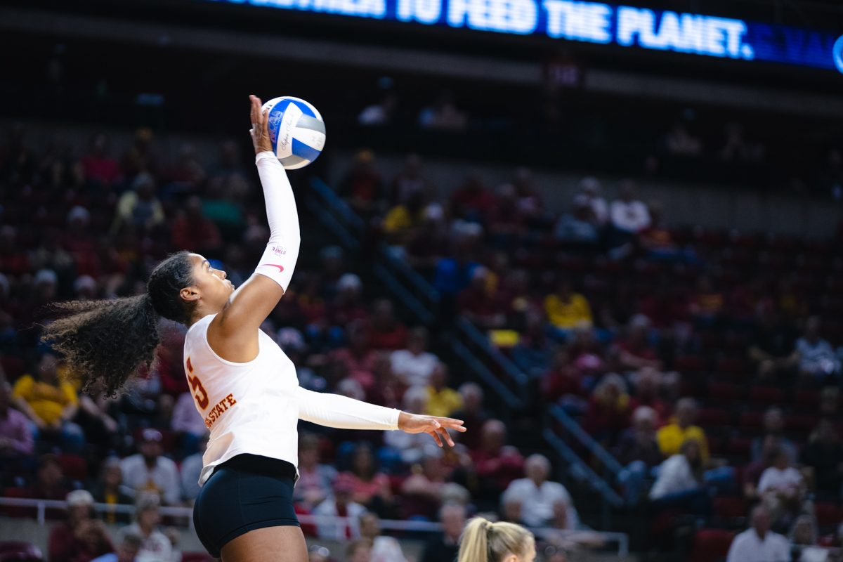 Maya Duckworth (5) serves the ball during the Iowa State vs Cincinnati volleyball game at Hilton Coliseum on Oct. 2, 2024.