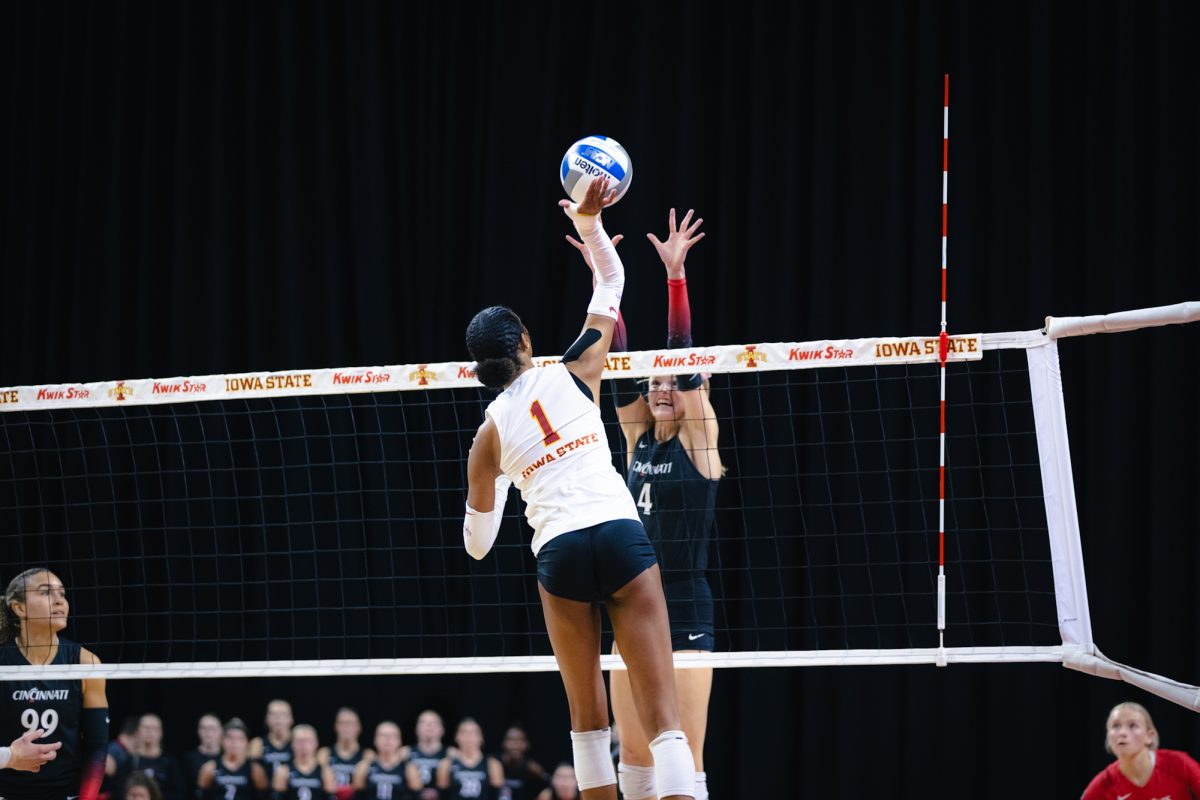 Pam McCune (1) hits the ball during the Iowa State vs Cincinnati volleyball game at Hilton Coliseum on Oct. 2, 2024.