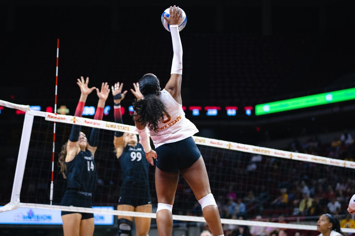 Maya Duckworth (5) hits the ball during the Iowa State vs Cincinnati volleyball game at Hilton Coliseum on Oct. 2, 2024.