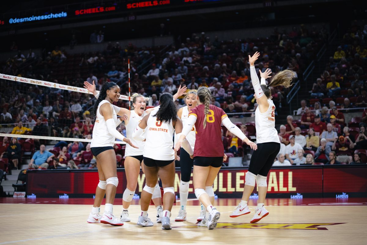 The Iowa State volleyball team celebrate during the Iowa State vs Cincinnati volleyball game at Hilton Coliseum on Oct. 2, 2024.