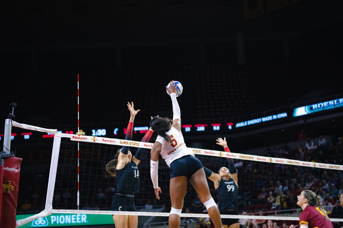 Maya Duckworth (5) hits the ball during the Iowa State vs Cincinnati volleyball game at Hilton Coliseum on Oct. 2, 2024.