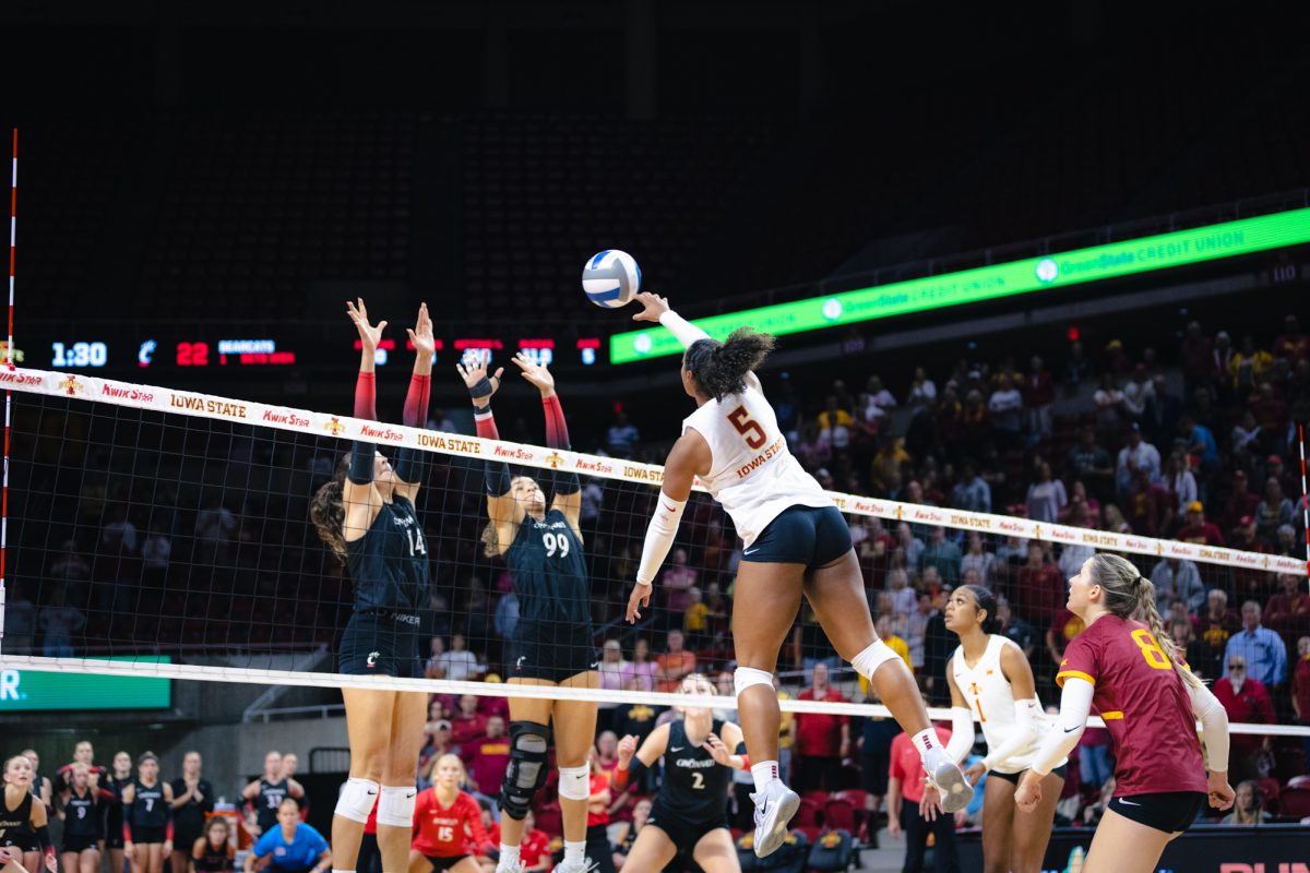 Maya Duckworth (5) hits ball during the Iowa State vs Cincinnati volleyball game at Hilton Coliseum on Oct. 2, 2024.