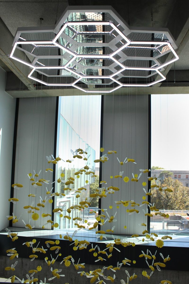 On the fourth floor of the Student Innovation Center, the new piece "SWARM (Synergistic Wisdom and Research Methodologies)" hangs, made up of 3D printed bees, Oct. 7, 2024.