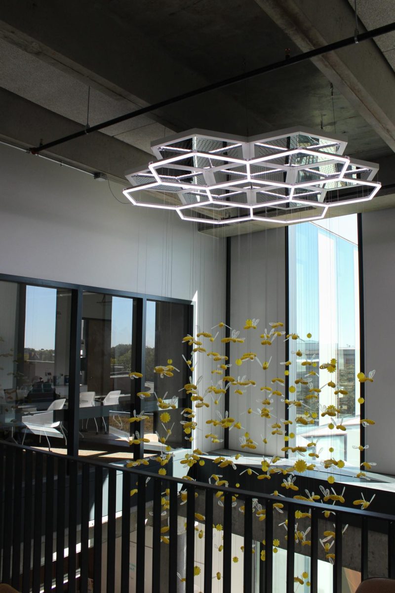 The new and innovative piece, "SWARM (Synergistic Wisdom and Research Methodologies)" hang from the fourth floor of the Student Innovation Center, Oct. 7, 2024.