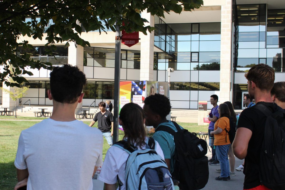 Students gather to hear the message of Campus America outside of Parks Library, Oct. 9, 2024.