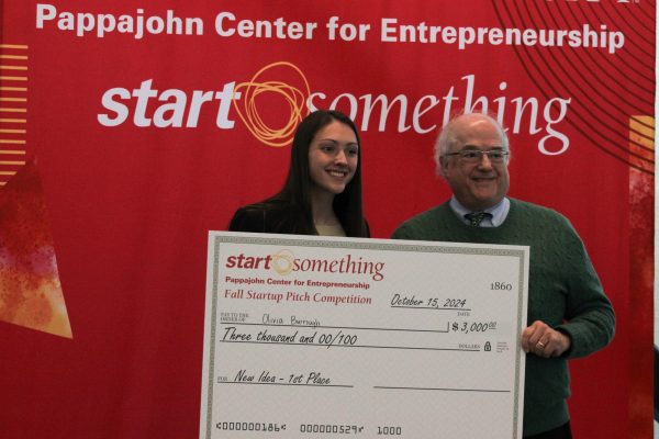 Olivia Burrough's addresses water quality issues and proposes creating a fertilizer treatment, winning her first place at the Fall Startup Pitch Competition, Oct. 15, 2024.