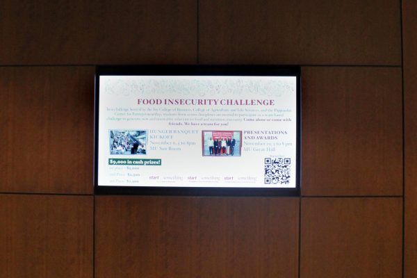 The upcoming Food Insecurity Challenge advertisement is posted around Gerdin Hall. Oct. 30, 2024.