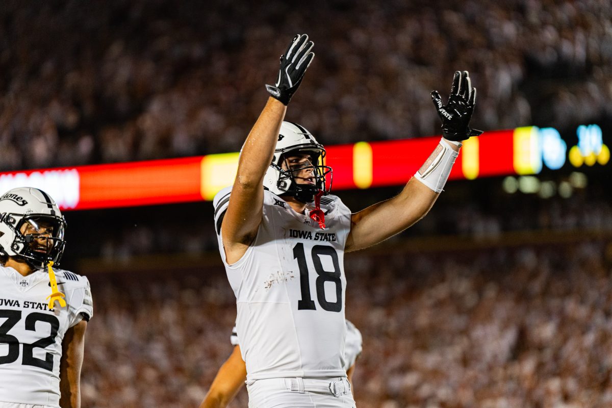 Iowa State TE Benjamin Brahmer (18) celebrates after making a touchdown during the Iowa State vs. Baylor football game on Oct. 5, 2024, in Jack Trice Stadium.