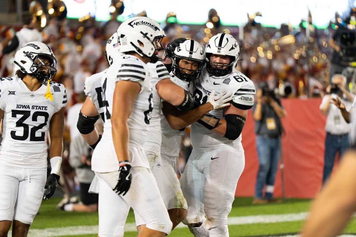 Iowa State's football team cheered after a touchdown vs. BU on Oct. 5, 2024. 