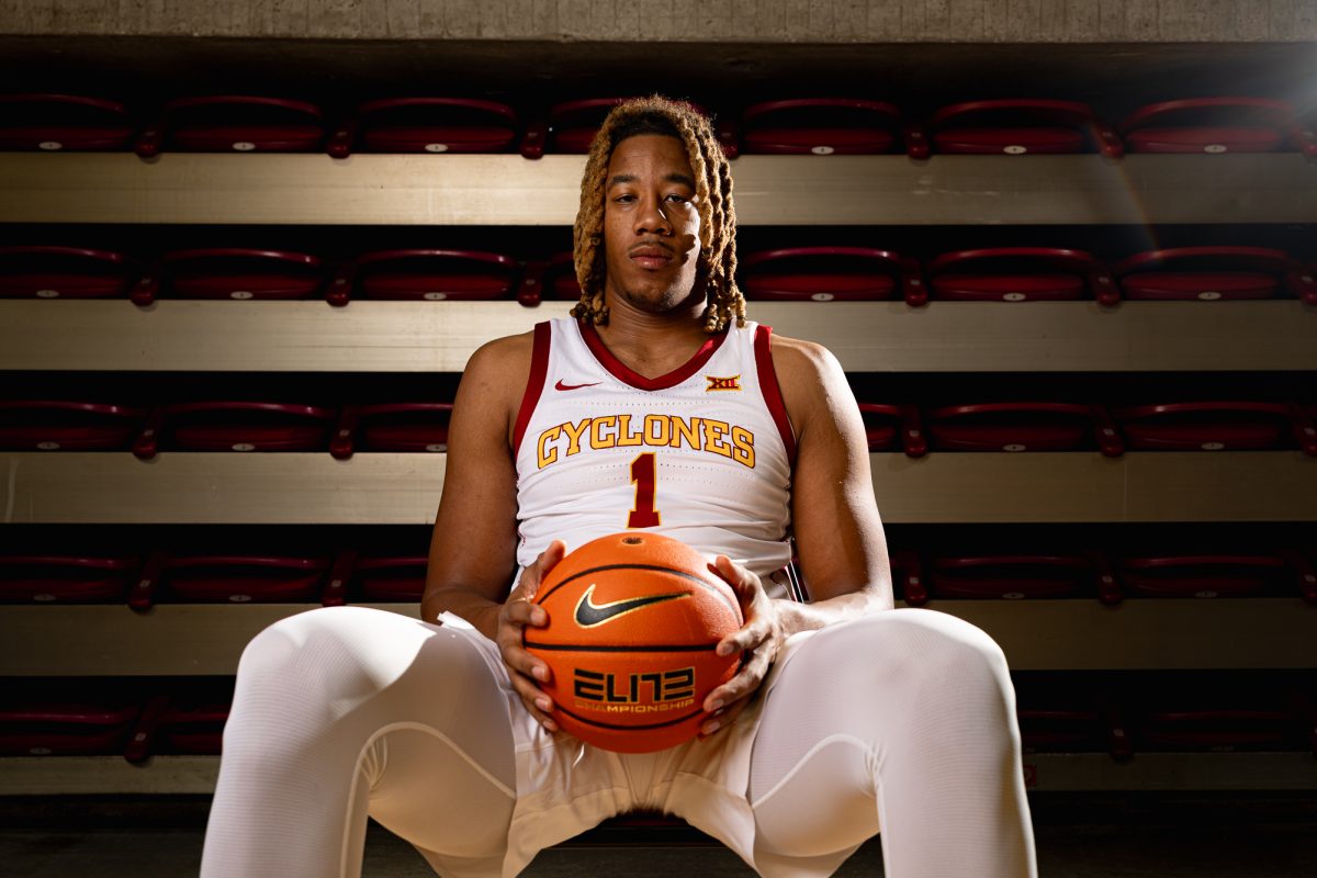 Iowa State Mens Basketball center Dishon Jackson (1) poses with a ball for the 2024 media day in Hilton Coliseum, Oct. 9, 2024.