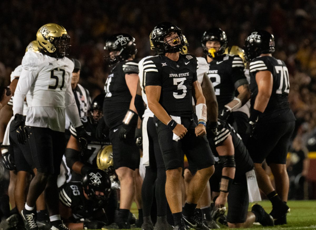 Iowa State quarterback Rocco Becht (3) celebrates a successful fourth down conversion during the game vs. University of Central Florida, Jack Trice Stadium, Ames, Iowa, Oct. 19, 2024.