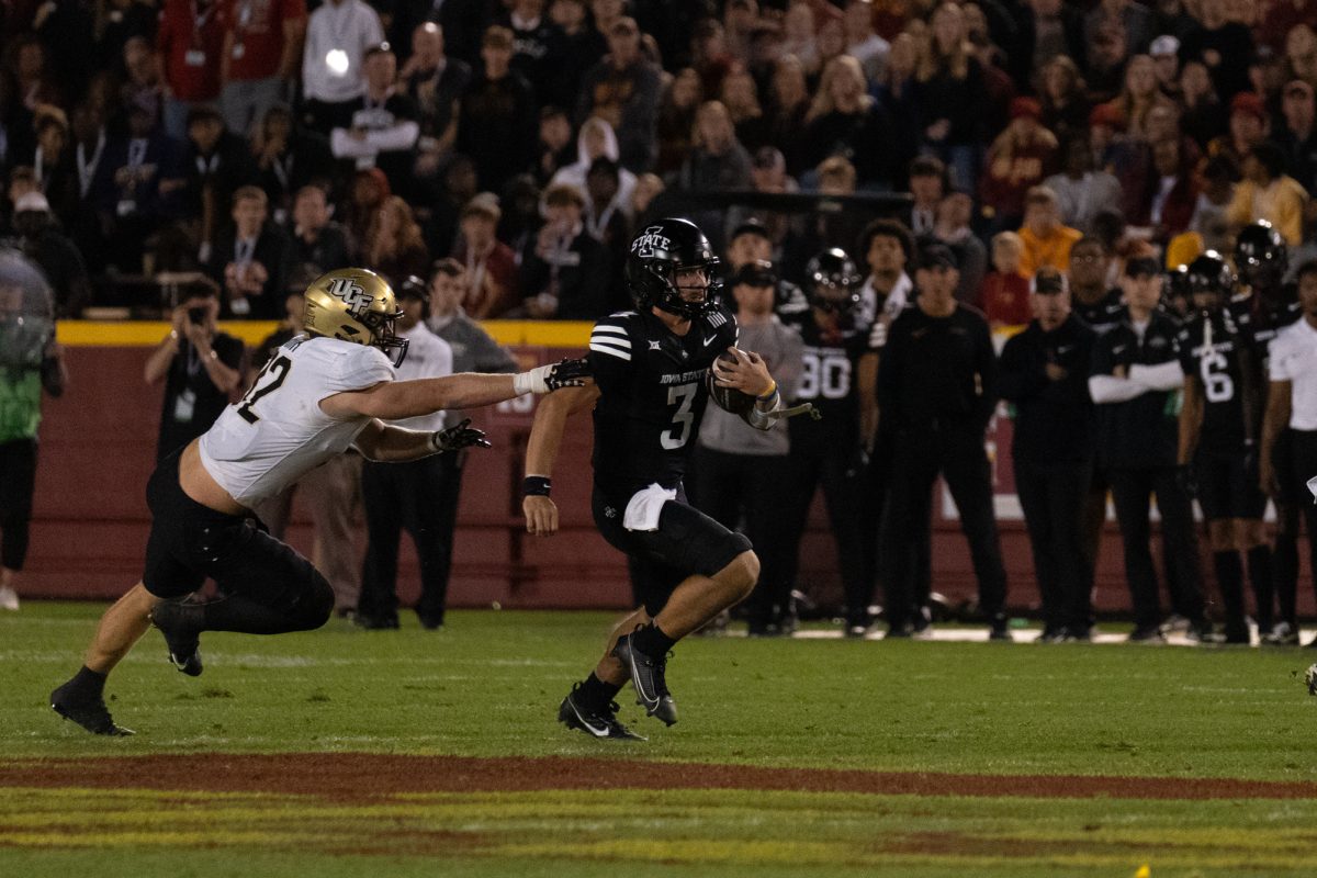 Rocco Becht (3) runs downfield while a UCF defender chases after during the game vs. University of Central Florida, Jack Trice Stadium, Ames, Iowa, Oct. 19, 2024.