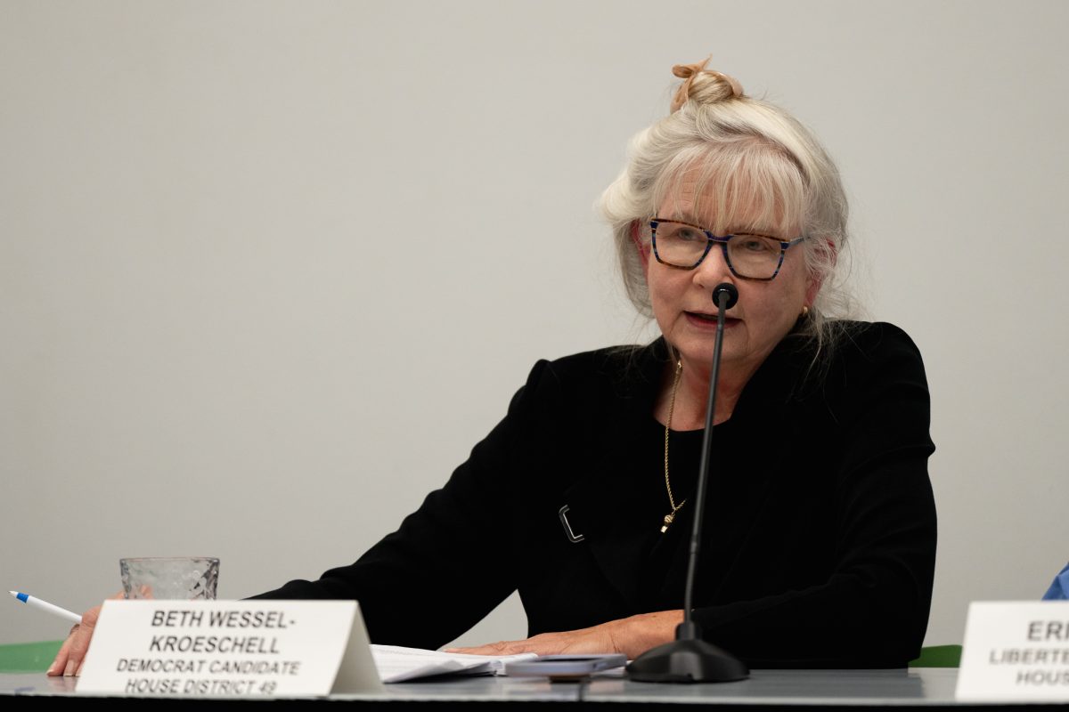 Iowa House District 49 Democrat Candidate Beth Wessel-Kroeschell speaks at the Story County Candidate Forum in the Ames Public Library on Oct. 1, 2024.