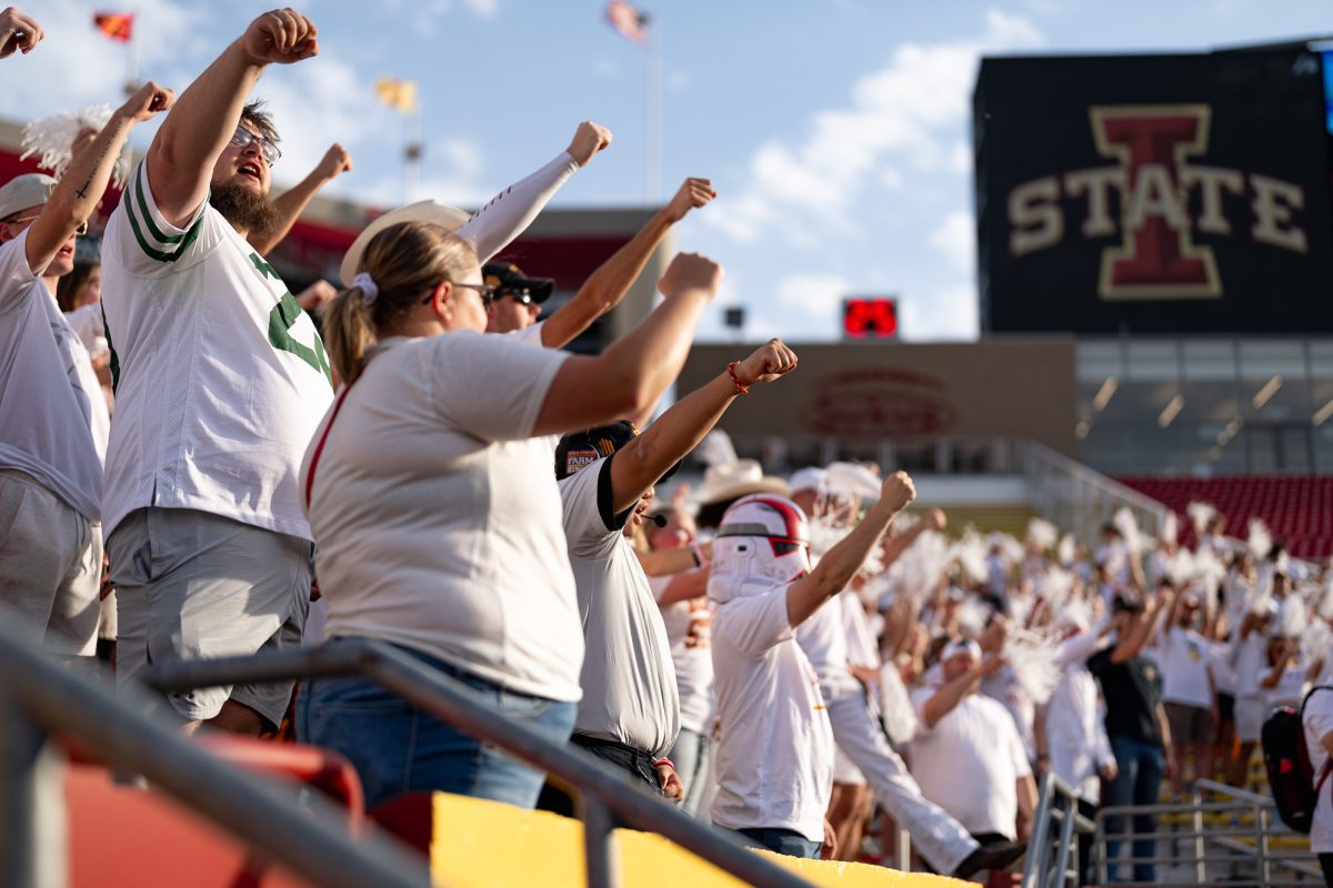 The Iowa State student section shines white with fans putting their own style to white shirts during the Iowa State vs. Baylor football game on Oct. 5, 2024, Jack Trice Stadium.